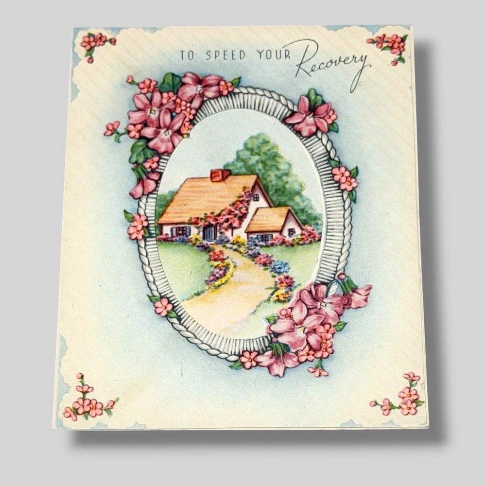To Speed Your Recovery House in Floral Frame Vintage Get Well Card HBX